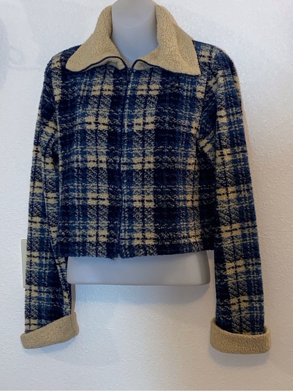Teddy-Lined Plaid Zip Jacket - Blue & Cream Size L Canyon River Blue